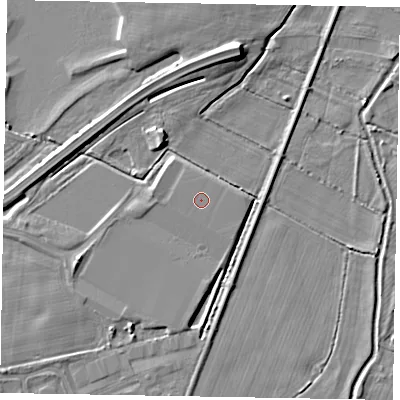 Shaded relief map of the ground around PO229FJ, computed from Environment Agency LiDAR. The ground here sits at about 3 m above sea level and falls 7 m across the surrounding 800 m. The ground contributing surface water to this point lies to the north.
