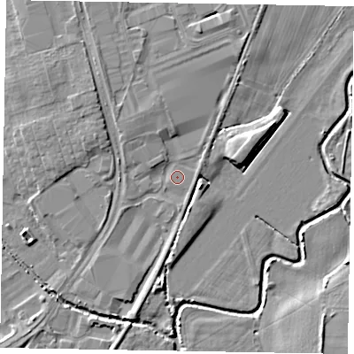 Shaded relief map of the ground around PO229FL, computed from Environment Agency LiDAR. The ground here sits at about 3 m above sea level and falls 6 m across the surrounding 800 m. Surface water reaching this point runs off ground lying to the north-north-west, 2.2 m higher.