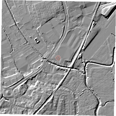 Shaded relief map of the ground around PO229GH, computed from Environment Agency LiDAR. The ground here sits at about 2 m above sea level and falls 7 m across the surrounding 800 m. Surface water reaching this point runs off ground lying to the south-south-west, 0.7 m higher.