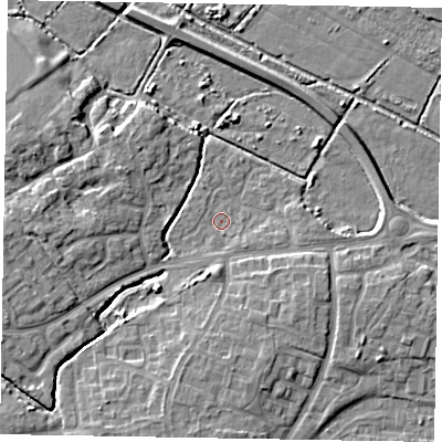 Shaded relief map of the ground around PO229HY, computed from Environment Agency LiDAR. The ground here sits at about 2 m above sea level and falls 5 m across the surrounding 800 m. Surface water reaching this point runs off ground lying to the south-south-west, 3.7 m higher.