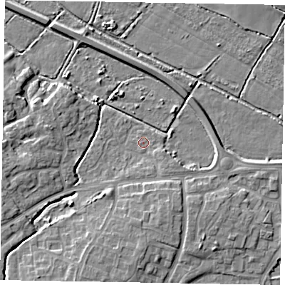 Shaded relief map of the ground around PO229HZ, computed from Environment Agency LiDAR. The ground here sits at about 2 m above sea level and falls 5 m across the surrounding 800 m. Surface water reaching this point runs off ground lying to the east-south-east, 1.2 m higher.