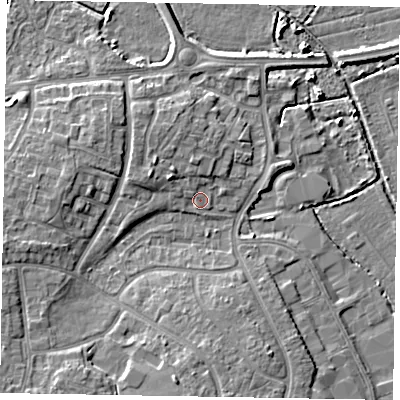 Shaded relief map of the ground around PO229JQ, computed from Environment Agency LiDAR. The ground here sits at about 3 m above sea level and falls 6 m across the surrounding 800 m. Surface water reaching this point runs off ground lying to the west-north-west, 2.3 m higher.