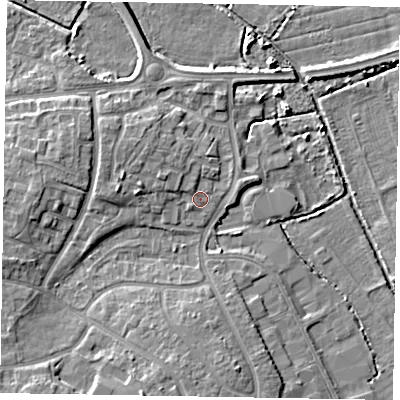 Shaded relief map of the ground around PO229JR, computed from Environment Agency LiDAR. The ground here sits at about 3 m above sea level and falls 6 m across the surrounding 800 m. Surface water reaching this point runs off ground lying to the west-north-west, 2.0 m higher.