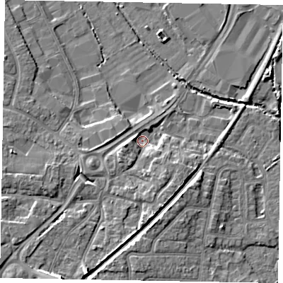 Shaded relief map of the ground around PO229LL, computed from Environment Agency LiDAR. The ground here sits at about 2 m above sea level and falls 11 m across the surrounding 800 m. Surface water reaching this point runs off ground lying to the south-south-west, 8.2 m higher.