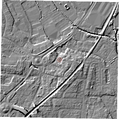Shaded relief map of the ground around PO229LN, computed from Environment Agency LiDAR. The ground here sits at about 4 m above sea level and falls 11 m across the surrounding 800 m. Surface water reaching this point runs off ground lying to the south-south-west, 9.0 m higher.