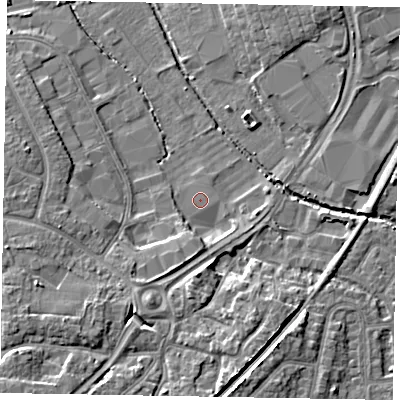 Shaded relief map of the ground around PO229ND, computed from Environment Agency LiDAR. The ground here sits at about 2 m above sea level and falls 7 m across the surrounding 800 m. The ground contributing surface water to this point lies to the east.