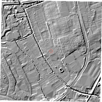 Shaded relief map of the ground around PO229NE, computed from Environment Agency LiDAR. The ground here sits at about 2 m above sea level and falls 5 m across the surrounding 800 m. Surface water reaching this point runs off ground lying to the east-north-east, 1.8 m higher.