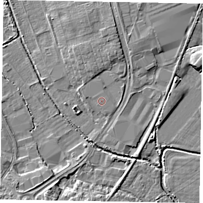 Shaded relief map of the ground around PO229NF, computed from Environment Agency LiDAR. The ground here sits at about 2 m above sea level and falls 6 m across the surrounding 800 m. The ground contributing surface water to this point lies to the east-north-east.