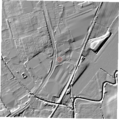Shaded relief map of the ground around PO229NG, computed from Environment Agency LiDAR. The ground here sits at about 3 m above sea level and falls 6 m across the surrounding 800 m. Surface water reaching this point runs off ground lying to the north, 2.0 m higher.