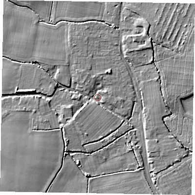 Shaded relief map of the ground around PO229NR, computed from Environment Agency LiDAR. The ground here sits at about 2 m above sea level and falls 7 m across the surrounding 800 m. Surface water reaching this point runs off ground lying to the west-north-west, 2.9 m higher.