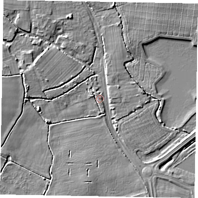 Shaded relief map of the ground around PO229NW, computed from Environment Agency LiDAR. The ground here sits at about 3 m above sea level and falls 5 m across the surrounding 800 m. Surface water reaching this point runs off ground lying to the east-south-east, 3.0 m higher.