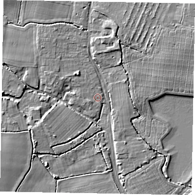Shaded relief map of the ground around PO229NX, computed from Environment Agency LiDAR. The ground here sits at about 3 m above sea level and falls 6 m across the surrounding 800 m. Surface water reaching this point runs off ground lying to the west-south-west, 1.4 m higher.