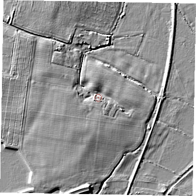 Shaded relief map of the ground around PO229PD, computed from Environment Agency LiDAR. The ground here sits at about 4 m above sea level and falls 7 m across the surrounding 800 m. Surface water reaching this point runs off ground lying to the south-east, 2.4 m higher.