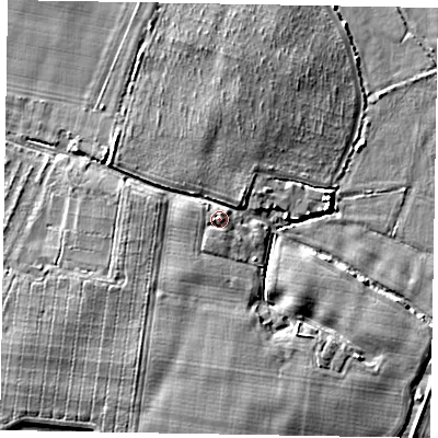 Shaded relief map of the ground around PO229PE, computed from Environment Agency LiDAR. The ground here sits at about 5 m above sea level and falls 6 m across the surrounding 800 m. Surface water reaching this point runs off ground lying to the west, 2.5 m higher.