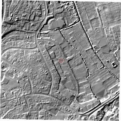 Shaded relief map of the ground around PO229QT, computed from Environment Agency LiDAR. The ground here sits at about 2 m above sea level and falls 7 m across the surrounding 800 m. Surface water reaching this point runs off ground lying to the west, 1.8 m higher.