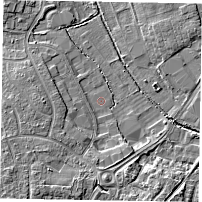 Shaded relief map of the ground around PO229RE, computed from Environment Agency LiDAR. The ground here sits at about 1 m above sea level and falls 7 m across the surrounding 800 m. Surface water reaching this point runs off ground lying to the west-south-west, 0.8 m higher.