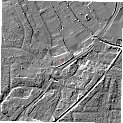 Shaded relief map of the ground around PO229RJ, computed from Environment Agency LiDAR. The ground here sits at about 4 m above sea level and falls 9 m across the surrounding 800 m. Surface water reaching this point runs off ground lying to the south-east, 0.7 m higher.