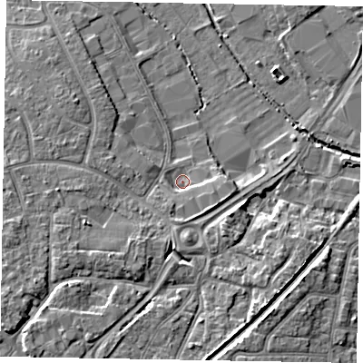 Shaded relief map of the ground around PO229RT, computed from Environment Agency LiDAR. The ground here sits at about 2 m above sea level and falls 7 m across the surrounding 800 m. Surface water reaching this point runs off ground lying to the south, 2.9 m higher.