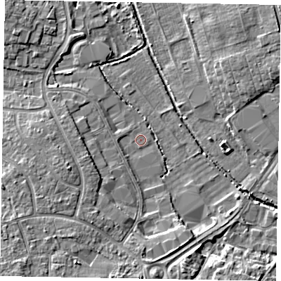 Shaded relief map of the ground around PO229RY, computed from Environment Agency LiDAR. The ground here sits at about 2 m above sea level and falls 7 m across the surrounding 800 m. Surface water reaching this point runs off ground lying to the west-south-west, 3.1 m higher.