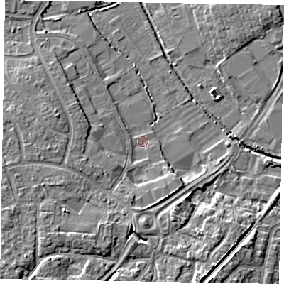 Shaded relief map of the ground around PO229RZ, computed from Environment Agency LiDAR. The ground here sits at about 2 m above sea level and falls 7 m across the surrounding 800 m. Surface water reaching this point runs off ground lying to the south, 3.5 m higher.