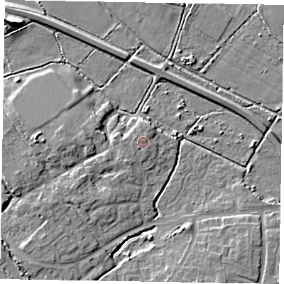 Shaded relief map of the ground around PO229SP, computed from Environment Agency LiDAR. The ground here sits at about 4 m above sea level and falls 7 m across the surrounding 800 m. Surface water reaching this point runs off ground lying to the west, 0.6 m higher.