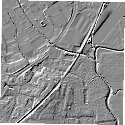 Shaded relief map of the ground around PO229SX, computed from Environment Agency LiDAR. The ground here sits at about 2 m above sea level and falls 7 m across the surrounding 800 m. Surface water reaching this point runs off ground lying to the south-south-east, 1.9 m higher.