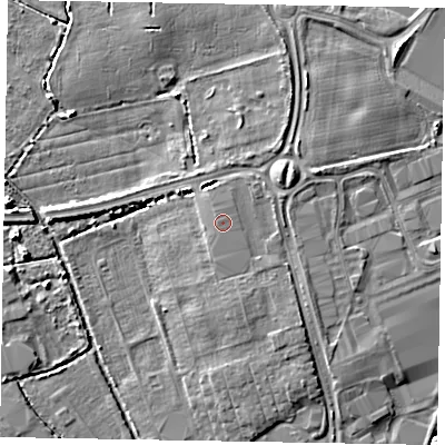Shaded relief map of the ground around PO229TR, computed from Environment Agency LiDAR. The ground here sits at about 4 m above sea level and falls 5 m across the surrounding 800 m. The ground contributing surface water to this point lies to the north-west.