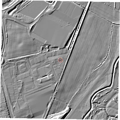 Shaded relief map of the ground around PO229TS, computed from Environment Agency LiDAR. The ground here sits at about 3 m above sea level and falls 5 m across the surrounding 800 m. Surface water reaching this point runs off ground lying to the west, 3.3 m higher.