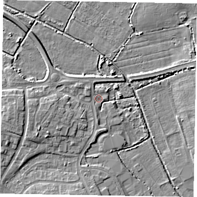Shaded relief map of the ground around PO229UL, computed from Environment Agency LiDAR. The ground here sits at about 2 m above sea level and falls 5 m across the surrounding 800 m. Surface water reaching this point runs off ground lying to the west-south-west, 2.7 m higher.