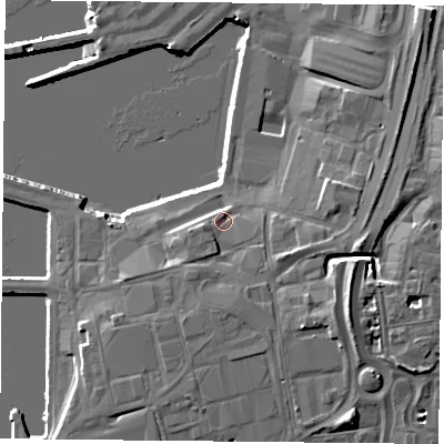 Shaded relief map of the ground around PO27AA, computed from Environment Agency LiDAR. The ground here sits at about 5 m above sea level and falls 13 m across the surrounding 800 m. Surface water reaching this point runs off ground lying to the south-south-west, 2.7 m higher.