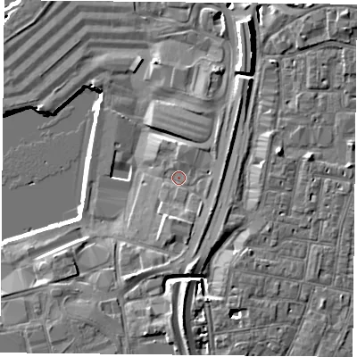 Shaded relief map of the ground around PO27AE, computed from Environment Agency LiDAR. The ground here sits at about 5 m above sea level and falls 15 m across the surrounding 800 m. Surface water reaching this point runs off ground lying to the south-south-east, 2.9 m higher.