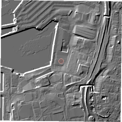 Shaded relief map of the ground around PO27SP, computed from Environment Agency LiDAR. The ground here sits at about 3 m above sea level and falls 15 m across the surrounding 800 m. Surface water reaching this point runs off ground lying to the east-south-east, 0.6 m higher.