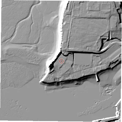 Shaded relief map of the ground around PO28BY, computed from Environment Agency LiDAR. The ground here sits at about 5 m above sea level and falls 15 m across the surrounding 800 m. Surface water reaching this point runs off ground lying to the west-north-west, 5.2 m higher.