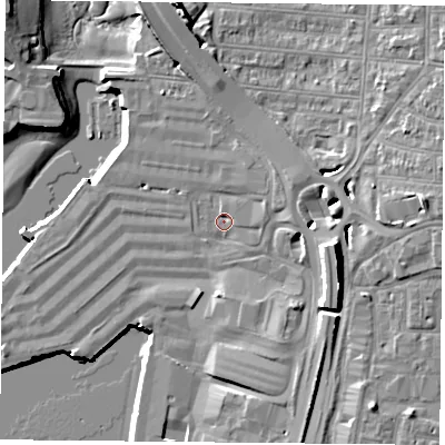 Shaded relief map of the ground around PO28DR, computed from Environment Agency LiDAR. The ground here sits at about 3 m above sea level and falls 15 m across the surrounding 800 m. Surface water reaching this point runs off ground lying to the east-south-east, 10.7 m higher.
