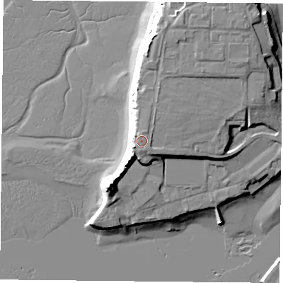 Shaded relief map of the ground around PO28EA, computed from Environment Agency LiDAR. The ground here sits at about 10 m above sea level and falls 15 m across the surrounding 800 m. The ground contributing surface water to this point lies to the south.