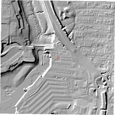 Shaded relief map of the ground around PO28EB, computed from Environment Agency LiDAR. The ground here sits at about 3 m above sea level and falls 15 m across the surrounding 800 m. Surface water reaching this point runs off ground lying to the east-south-east, 2.2 m higher.