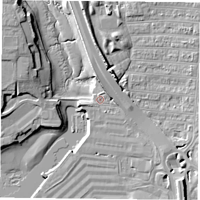 Shaded relief map of the ground around PO28EP, computed from Environment Agency LiDAR. The ground here sits at about 3 m above sea level and falls 15 m across the surrounding 800 m. Surface water reaching this point runs off ground lying to the north, 4.7 m higher.
