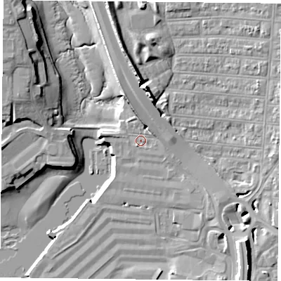 Shaded relief map of the ground around PO28EW, computed from Environment Agency LiDAR. The ground here sits at about 3 m above sea level and falls 15 m across the surrounding 800 m. Surface water reaching this point runs off ground lying to the south-east, 2.2 m higher.