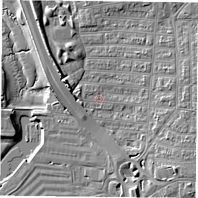 Shaded relief map of the ground around PO28EY, computed from Environment Agency LiDAR. The ground here sits at about 3 m above sea level and falls 15 m across the surrounding 800 m. Surface water reaching this point runs off ground lying to the south-south-east, 11.4 m higher.