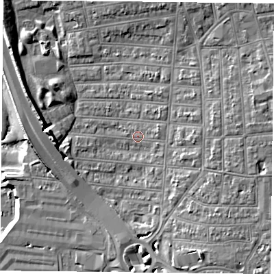 Shaded relief map of the ground around PO28EZ, computed from Environment Agency LiDAR. The ground here sits at about 4 m above sea level and falls 12 m across the surrounding 800 m. Surface water reaching this point runs off ground lying to the east-south-east, 3.7 m higher.