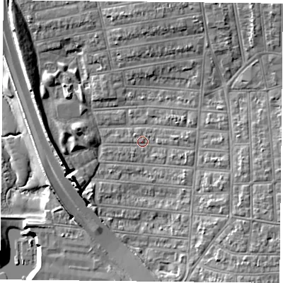 Shaded relief map of the ground around PO28JP, computed from Environment Agency LiDAR. The ground here sits at about 3 m above sea level and falls 11 m across the surrounding 800 m. Surface water reaching this point runs off ground lying to the west-south-west, 6.1 m higher.