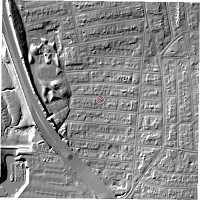 Shaded relief map of the ground around PO28JW, computed from Environment Agency LiDAR. The ground here sits at about 3 m above sea level and falls 11 m across the surrounding 800 m. Surface water reaching this point runs off ground lying to the west-south-west, 0.8 m higher.