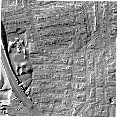 Shaded relief map of the ground around PO28JZ, computed from Environment Agency LiDAR. The ground here sits at about 4 m above sea level and falls 11 m across the surrounding 800 m. Surface water reaching this point runs off ground lying to the east-south-east, 1.3 m higher.