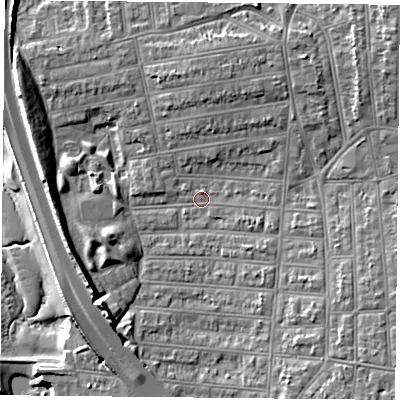 Shaded relief map of the ground around PO28LB, computed from Environment Agency LiDAR. The ground here sits at about 3 m above sea level and falls 11 m across the surrounding 800 m. Surface water reaching this point runs off ground lying to the west-north-west, 6.5 m higher.