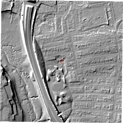 Shaded relief map of the ground around PO28PU, computed from Environment Agency LiDAR. The ground here sits at about 2 m above sea level and falls 14 m across the surrounding 800 m. Surface water reaching this point runs off ground lying to the west-north-west, 6.5 m higher.