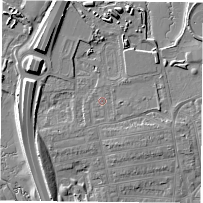 Shaded relief map of the ground around PO28QT, computed from Environment Agency LiDAR. The ground here sits at about 4 m above sea level and falls 14 m across the surrounding 800 m. Surface water reaching this point runs off ground lying to the south-west, 0.9 m higher.