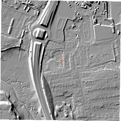 Shaded relief map of the ground around PO28RA, computed from Environment Agency LiDAR. The ground here sits at about 4 m above sea level and falls 15 m across the surrounding 800 m. Surface water reaching this point runs off ground lying to the south-south-west, 2.1 m higher.