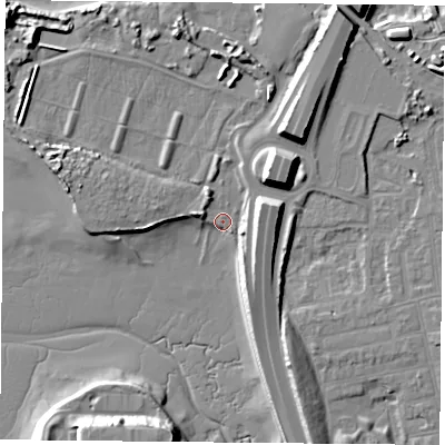 Shaded relief map of the ground around PO28RP, computed from Environment Agency LiDAR. The ground here sits at about 3 m above sea level and falls 15 m across the surrounding 800 m. Surface water reaching this point runs off ground lying to the north-north-east, 10.5 m higher.