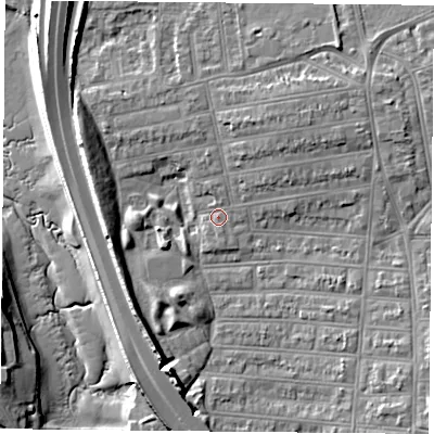 Shaded relief map of the ground around PO28RR, computed from Environment Agency LiDAR. The ground here sits at about 4 m above sea level and falls 12 m across the surrounding 800 m. Surface water reaching this point runs off ground lying to the west-north-west, 6.5 m higher.