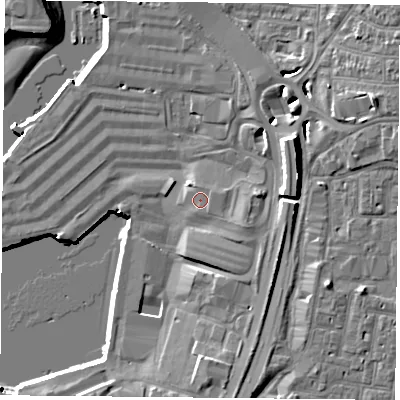 Shaded relief map of the ground around PO28SP, computed from Environment Agency LiDAR. The ground here sits at about 5 m above sea level and falls 15 m across the surrounding 800 m. Surface water reaching this point runs off ground lying to the east-south-east, 1.2 m higher.